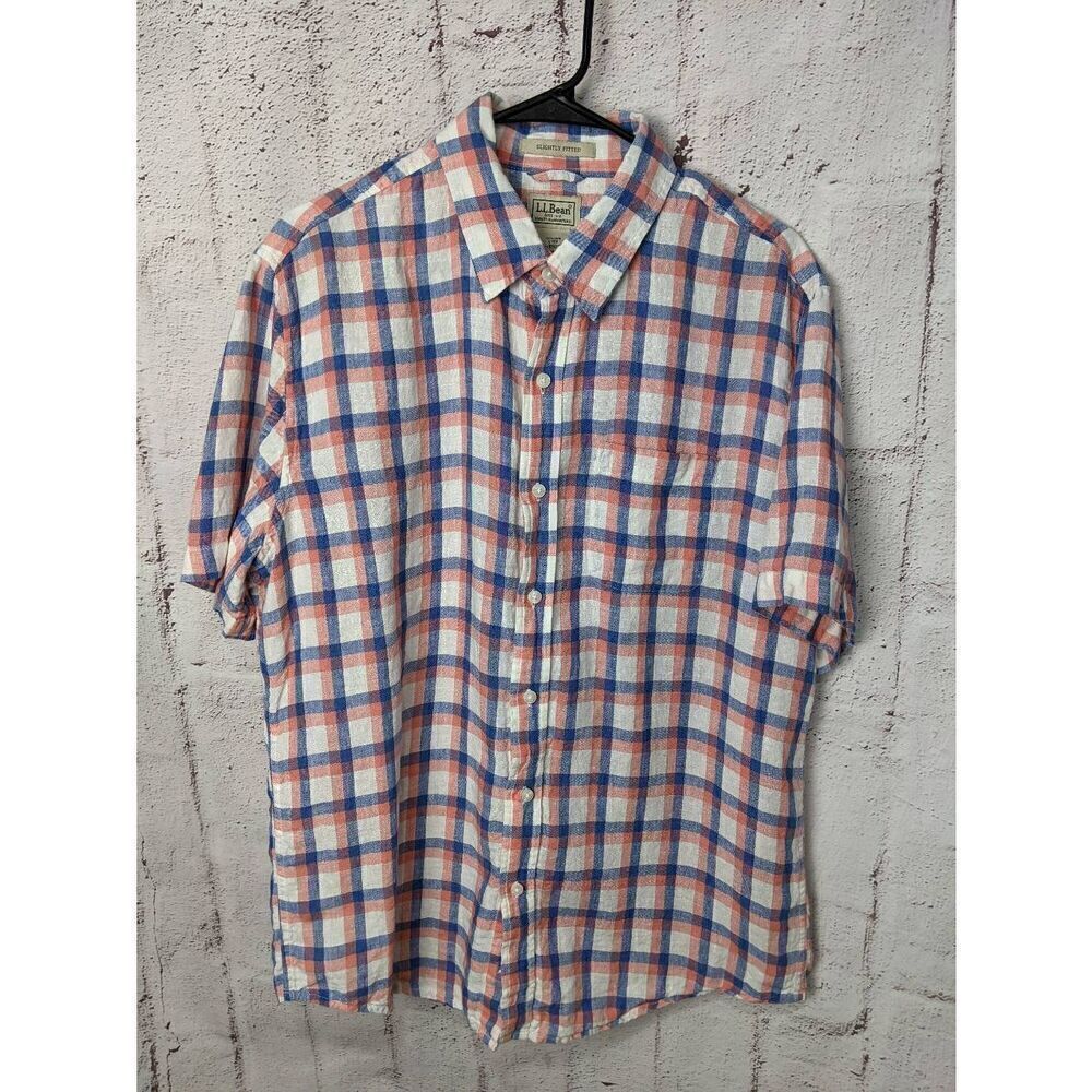 LL Bean Shirt Mens Large L Blue White Button Up Plaid Linen Slightly Fitted Casu